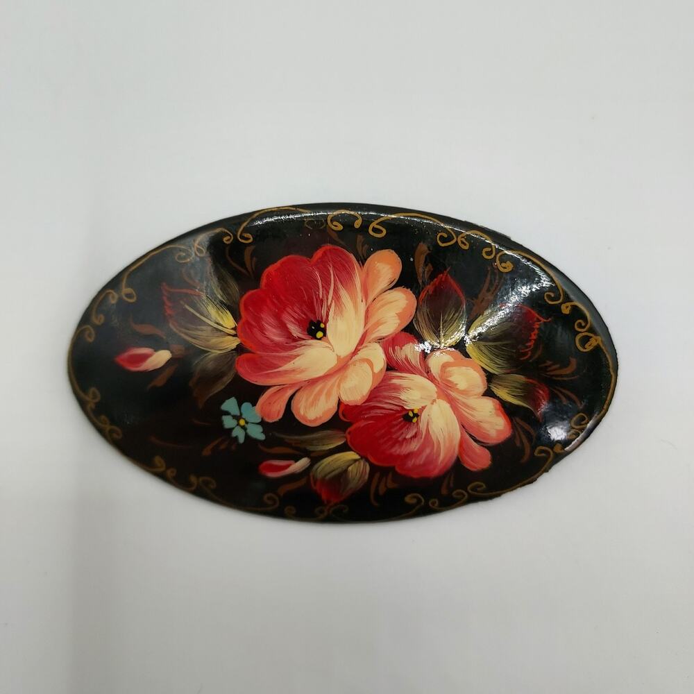 Vintage Russian Lacquer Hand Painted Oval Floral Brooch Signed Dated 2.5" READ